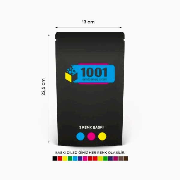 13X22,5 Cm 3 Baskılı Mat Siyah Renkli Tek Taraf Üç Renk Doypack Torba 250 Gr /67/