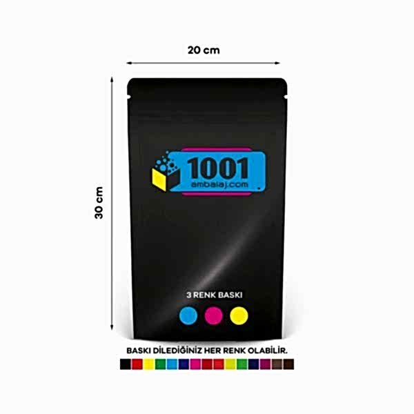20X30 Cm 3 Baskılı Siyah Renkli Tek Taraf Üç Renk Doypack Torba 1000 Gr /65/
