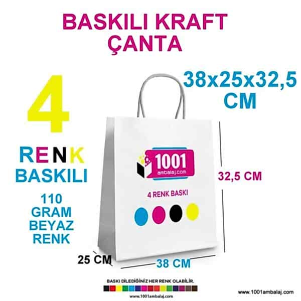 4 Renk Baskılı 38X25X32,5 Cm 110 Gr Kraft kağıt Çanta Beyaz Renk