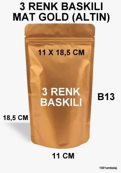 11X18,5 Cm 3 Baskılı Mat Gold ( Altın Renkli ) Tek Taraf Üç Renk Doypack Torba 100 Gr /25/