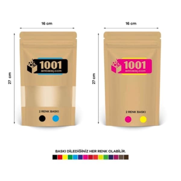 16X27 Cm 4 Baskılı Kraft Renkli Pencereli İki Taraf İki Renk Doypack Torba 500 Gr /40/