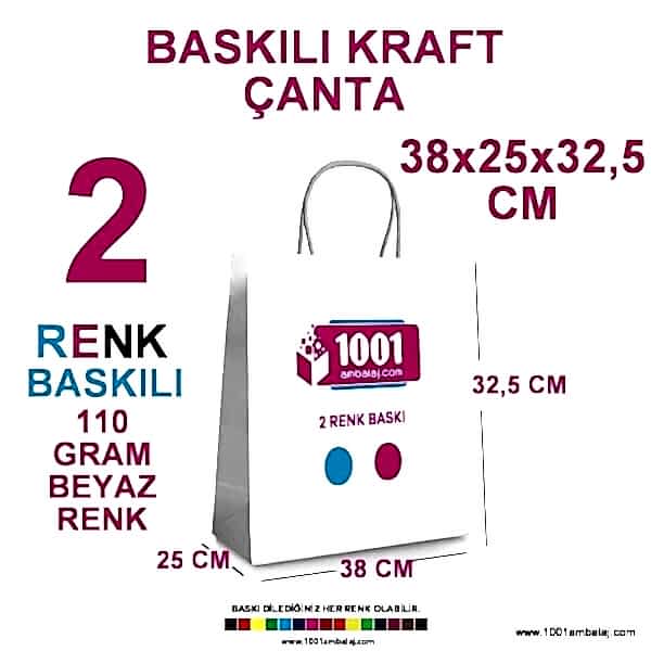 2 Renk Baskılı 38X25X32,5 Cm 110 Gr Kraft kağıt Çanta Beyaz Renk
