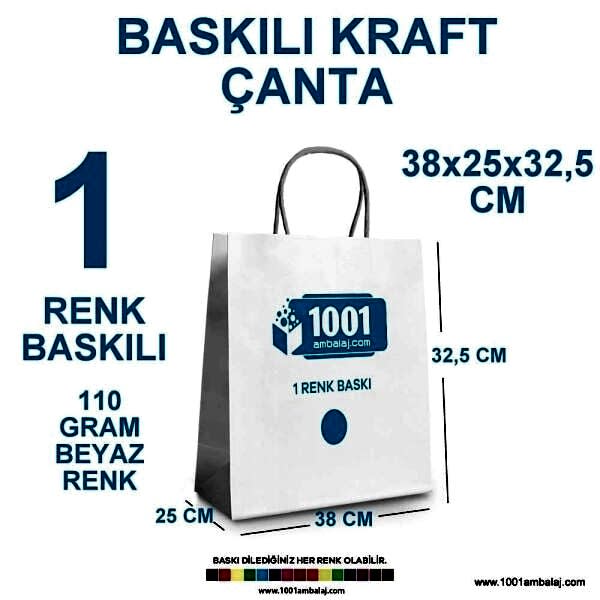 1 Renk Baskılı 38X25X32,5 Cm 110 Gr Kraft kağıt Çanta Beyaz Renk