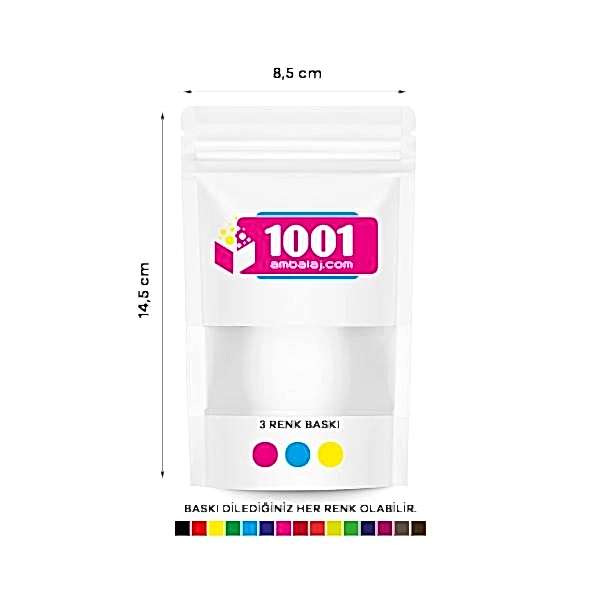 8,5X14,5 Cm 3 Baskılı Beyaz Renk Pencereli Tek Taraf Üç Renk Doypack Torba 50 Gr /08/