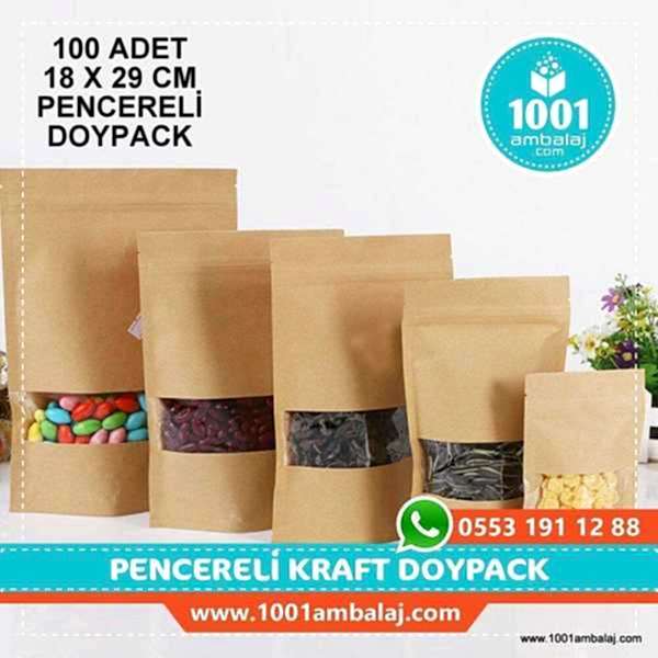 18X29 Cm Kraft Pencereli 100 Adet Kilitli Doypack Torba 750 Gr /41/