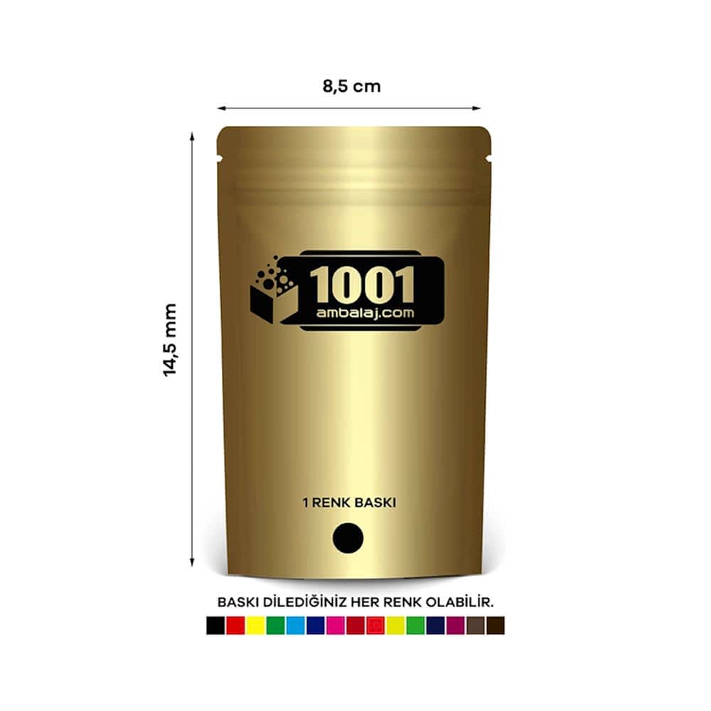 8,5X14,5 Cm 1 Baskılı Gold ( Altın ) Renkli Tek Taraf Tek Renk Doypack Torba 50 Gr /20/
