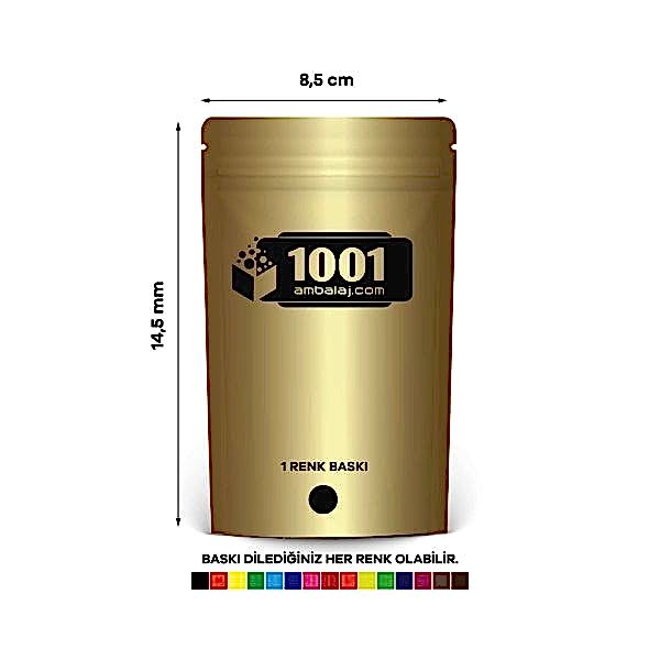 8,5X14,5 Cm 1 Baskılı Gold ( Altın ) Renkli Tek Taraf Tek Renk Doypack Torba 50 Gr /20/
