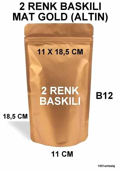 11X18,5 Cm 2 Baskılı Mat Gold ( Altın Renkli ) Tek Taraf İki Renk Doypack Torba 100 Gr /25/