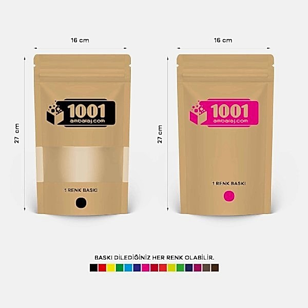 16X27 Cm 2 Baskılı Kraft Renkli Pencereli İki Taraf Tek Renk Doypack Torba 500 Gr /40/