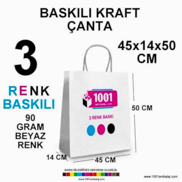 3 Renk Baskılı 45X14X50 Cm 90 Gr Kraft kağıt Çanta Beyaz Renk