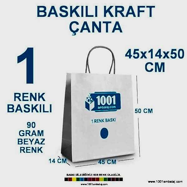 1 Renk Baskılı 45X14X50 Cm 90 Gr Kraft kağıt Çanta Beyaz Renk