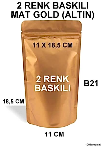11X18,5 Cm 2 Baskılı Mat Gold ( Altın Renkli ) İki Taraf Tek Renk Doypack Torba 100 Gr /25/
