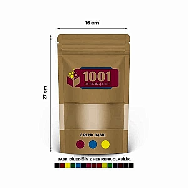 16X27 Cm 3 Baskılı Kraft Renkli Pencereli Tek Taraf Üç Renk Doypack Torba 500 Gr /40/