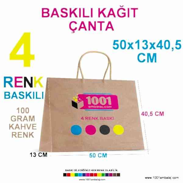 4 Renk Baskılı 50X13X40,5 Cm 100 Gr Kraft kağıt Çanta Kahve Renk