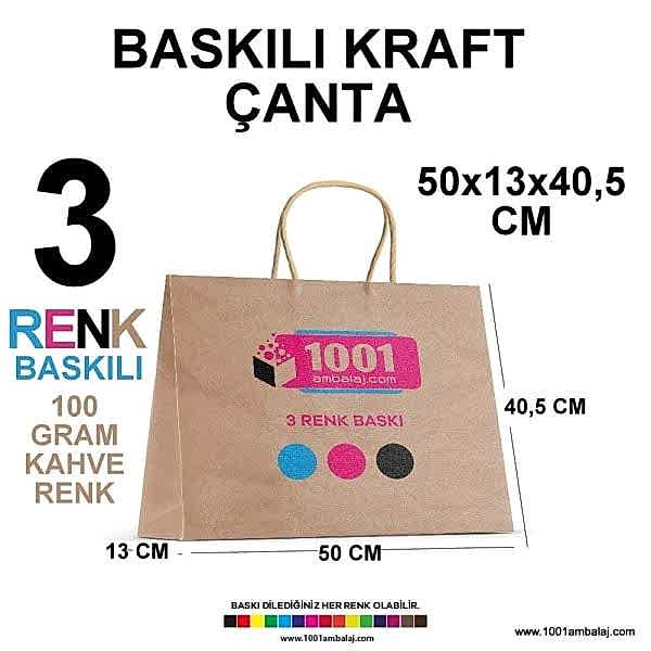 3 Renk Baskılı 50X13X40,5 Cm 100 Gr Kraft kağıt Çanta Kahve Renk