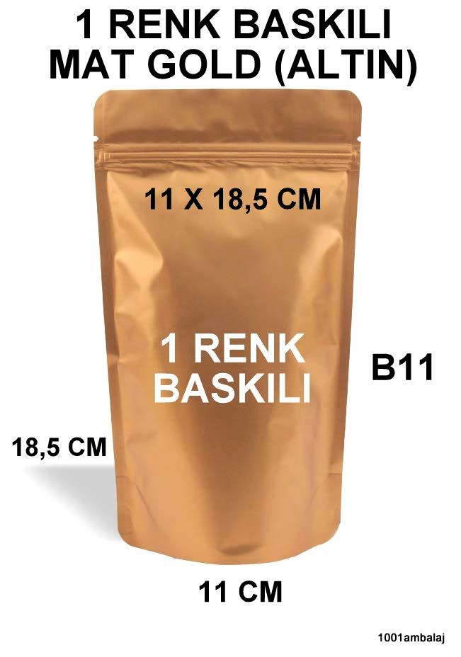 11X18,5 Cm 1 Baskılı Mat Gold ( Altın Renkli ) Tek Taraf Tek Renk Doypack Torba 100 Gr /25/