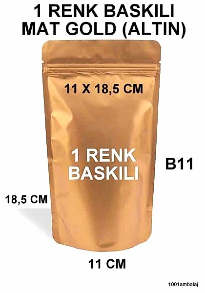 11X18,5 Cm 1 Baskılı Mat Gold ( Altın Renkli ) Tek Taraf Tek Renk Doypack Torba 100 Gr /25/