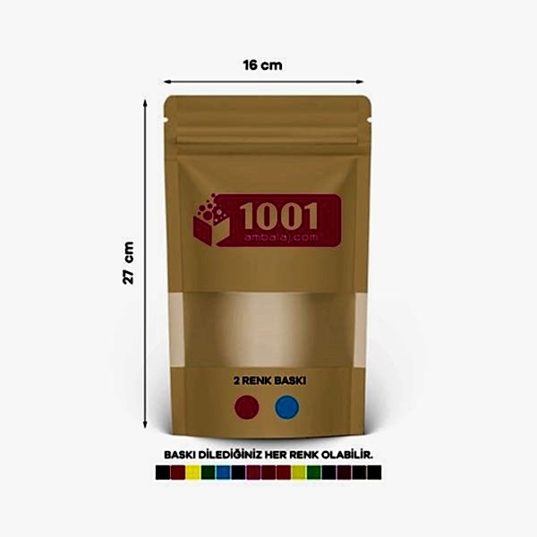 16X27 Cm 2 Baskılı Kraft Renkli Pencereli Tek Taraf İki Renk Doypack Torba 500 Gr /40/