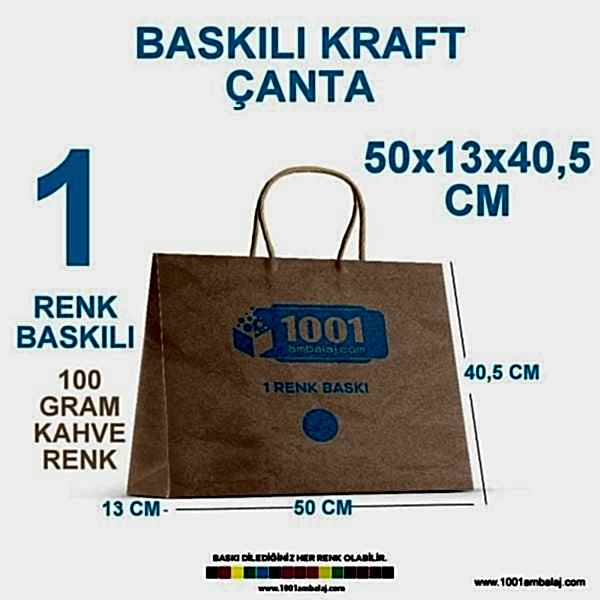 1 Renk Baskılı 50X13X40,5 Cm 100 Gr Kraft kağıt Çanta Kahve Renk