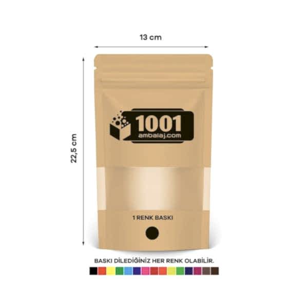 13X22,5 Cm 1 Baskılı Kraft Renkli Pencereli Tek Taraf Tek Renk Doypack Torba 250 Gr /39/