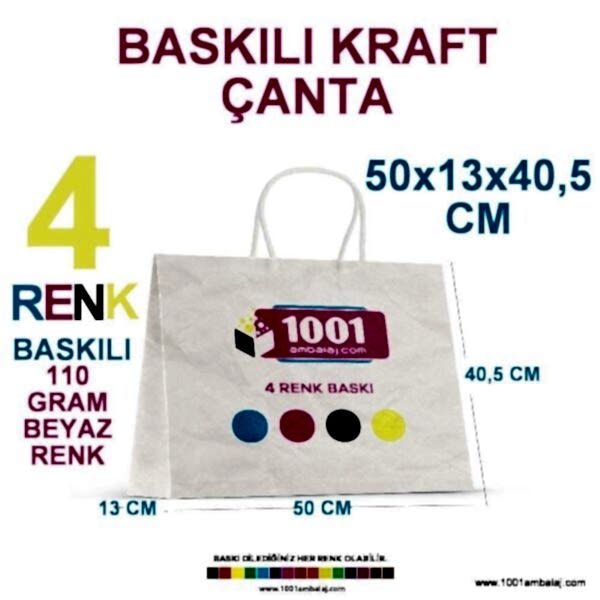 4 Renk Baskılı 50X13X40,5 Cm 110 Gr Kraft kağıt Çanta Beyaz Renk