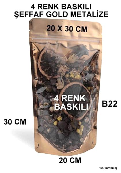 20X30 Cm 4 Baskılı Ön Şeffaf Arka Gold Metalize Renk İki Taraf İki Renk Doypack Torba 1000 Gr /52/