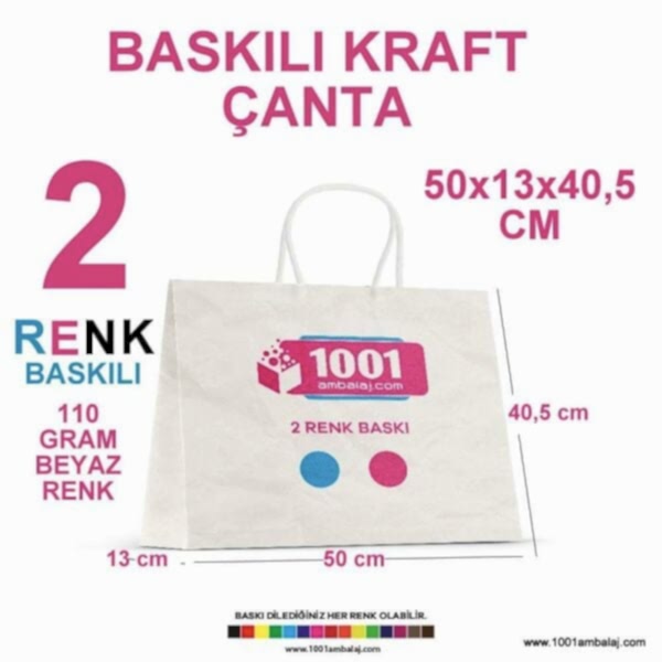 2 Renk Baskılı 50X13X40,5 Cm 110 Gr Kraft kağıt Çanta Beyaz Renk