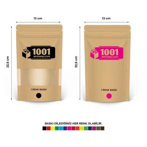 13X22,5 Cm 2 Baskılı Kraft Renkli Pencereli İki Taraf Tek Renk Doypack Torba 250 Gr /39/