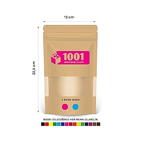 13X22,5 Cm 2 Baskılı Kraft Renkli Pencereli Tek Taraf İki Renk Doypack Torba 250 Gr /39/