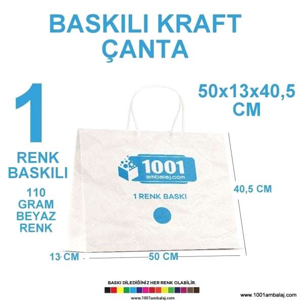 1 Renk Baskılı 50X13X40,5 Cm 110 Gr Kraft kağıt Çanta Beyaz Renk