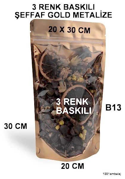 20X30 Cm 3 Baskılı Ön Şeffaf Arka Gold Metalize Renk Tek Taraf Üç Renk Doypack Torba 1000 Gr /52/