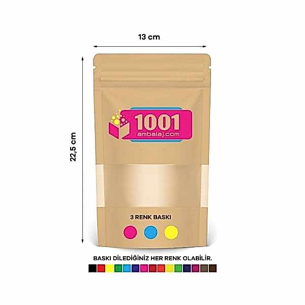 13X22,5 Cm 3 Baskılı Kraft Renkli Pencereli Tek Taraf Üç Renk Doypack Torba 250 Gr /39/