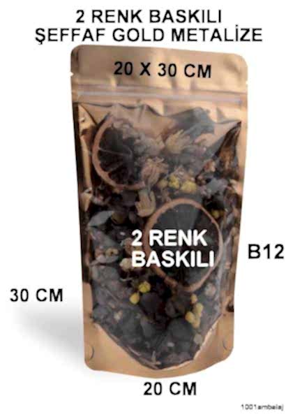20X30 Cm 2 Baskılı Ön Şeffaf Arka Gold Metalize Renk Tek Taraf İki Renk Doypack Torba 1000 Gr /52/