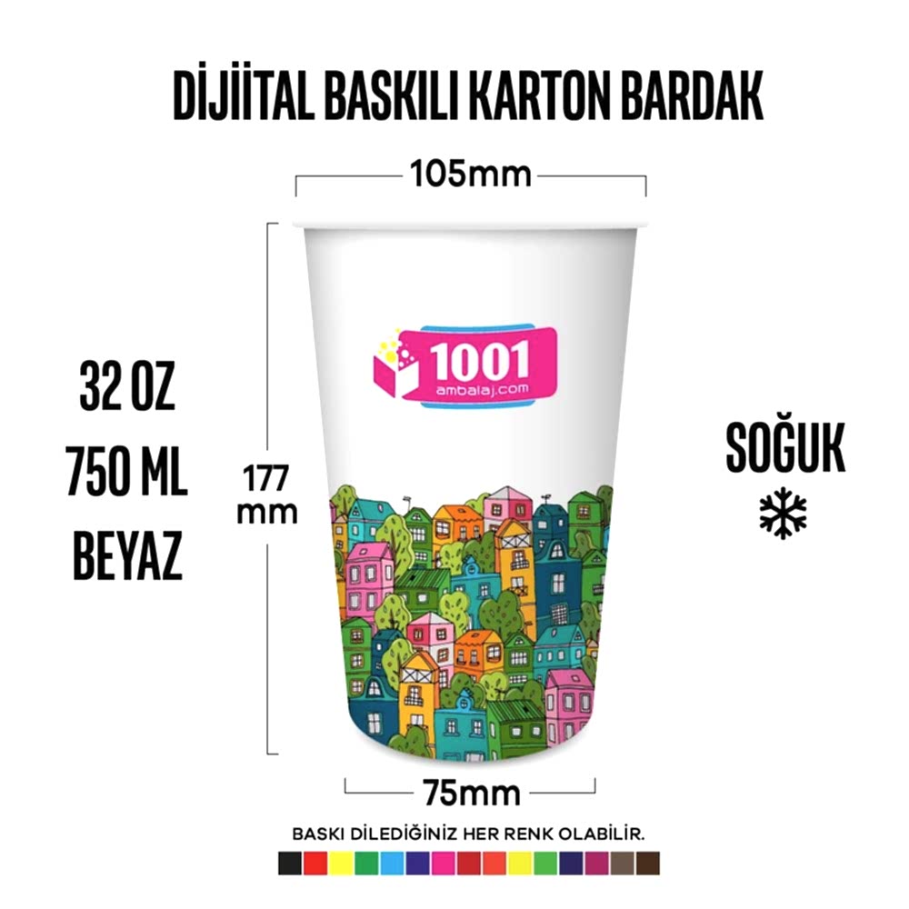 Dijital Baskılı 32 Oz Karton Bardak Tek Kat Duvarlı Beyaz Soğuk