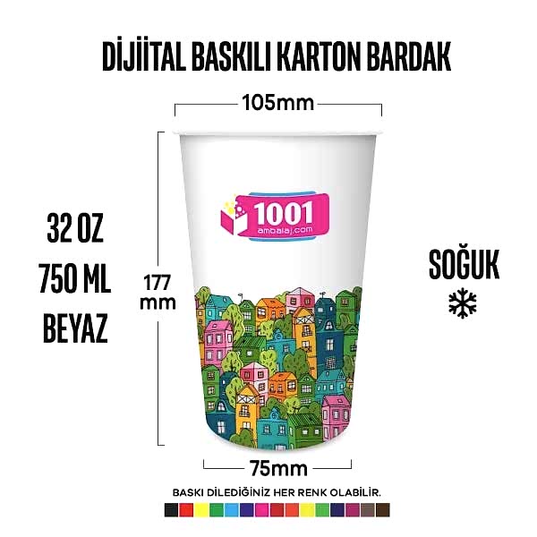 Dijital Baskılı 32 Oz Karton Bardak Tek Kat Duvarlı Beyaz Soğuk
