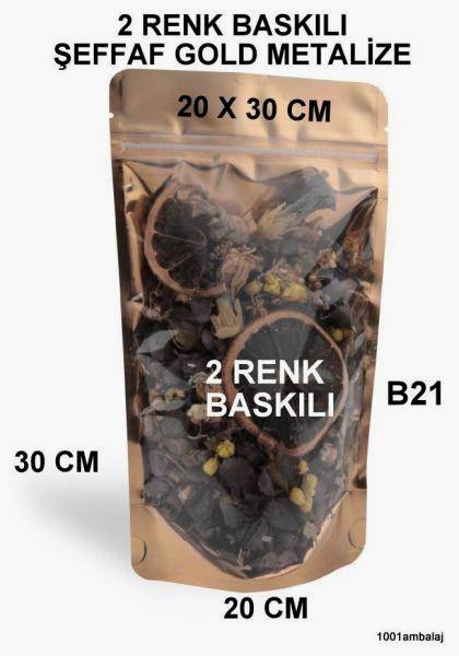 20X30 Cm 2 Baskılı Ön Şeffaf Arka Gold Metalize Renk İki Taraf Tek Renk Doypack Torba 1000 Gr /52/