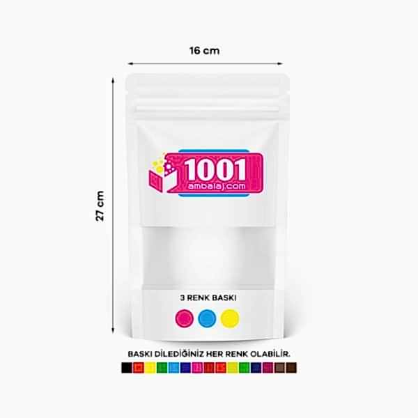 16X27 Cm 3 Baskılı Beyaz Renkli Pencereli Tek Taraf Üç Renk Doypack Torba 500 Gr /11/