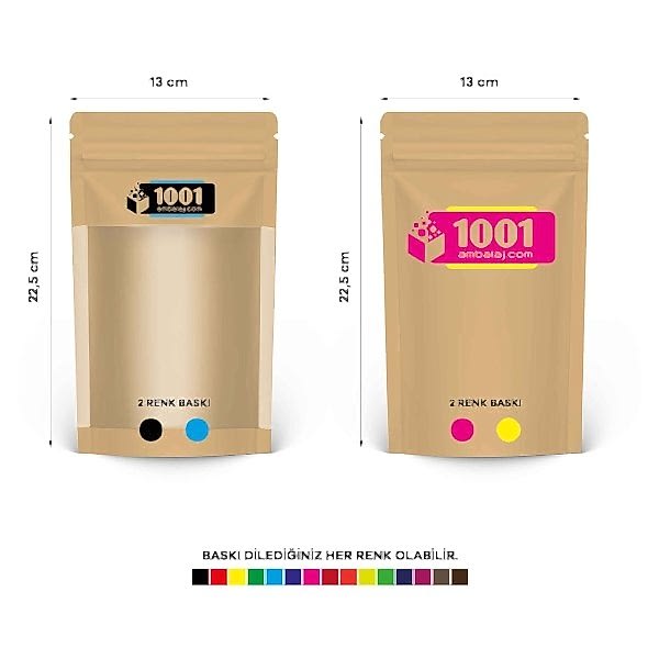 13X22,5 Cm 4 Baskılı Kraft Renkli Geniş Pencereli İki Taraf İki Renk Doypack Torba 250 Gr /45/
