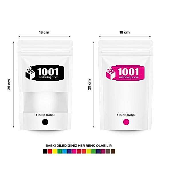 18X29 Cm 2 Baskılı Beyaz Renkli Pencereli İki Taraf Tek Renk Doypack Torba 750 Gr /12/