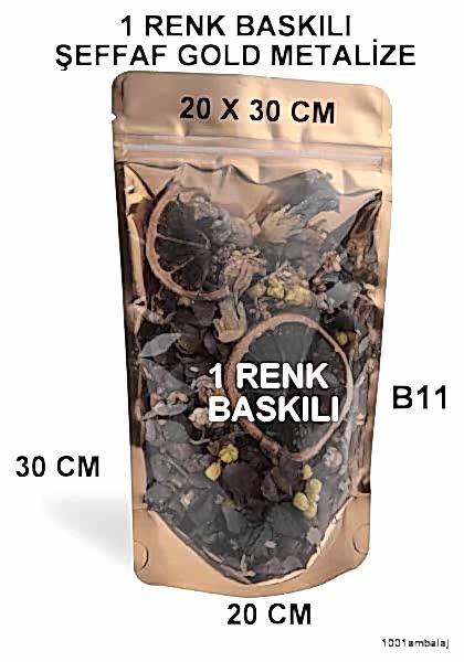 20X30 Cm 1 Baskılı Ön Şeffaf Arka Gold Metalize Renk Tek Taraf Tek Renk Doypack Torba 1000 Gr /52/