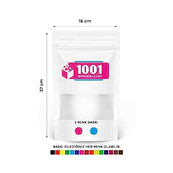 16X27 Cm 2 Baskılı Beyaz Renkli Pencereli Tek Taraf İki Renk Doypack Torba 500 Gr /11/