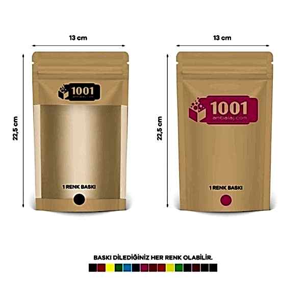 13X22,5 Cm 2 Baskılı Kraft Renkli Geniş Pencereli İki Taraf Tek Renk Doypack Torba 250 Gr /45/