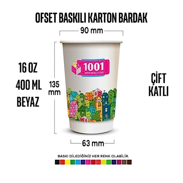 Ofset Baskılı 16 Oz Karton Bardak Çift Kat Duvarlı Beyaz Sicak Soğuk