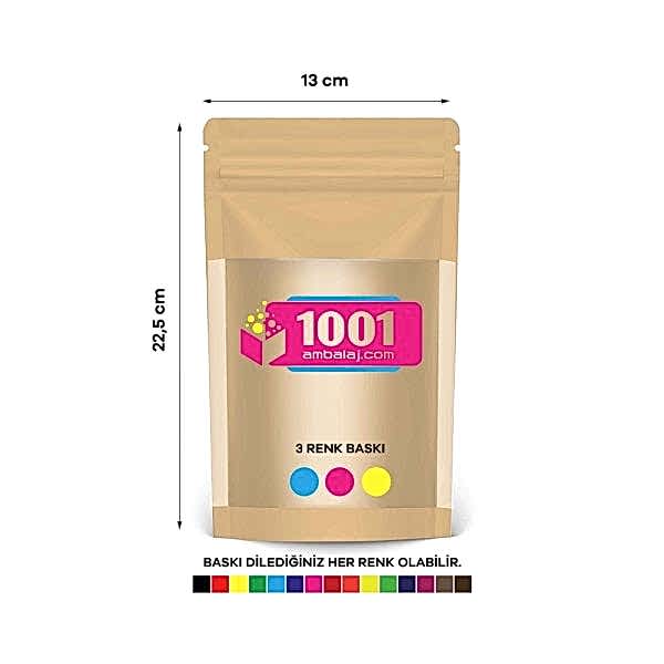 13X22,5 Cm 3 Baskılı Kraft Renkli Geniş Pencereli Tek Taraf Üç Renk Doypack Torba 250 Gr /45/