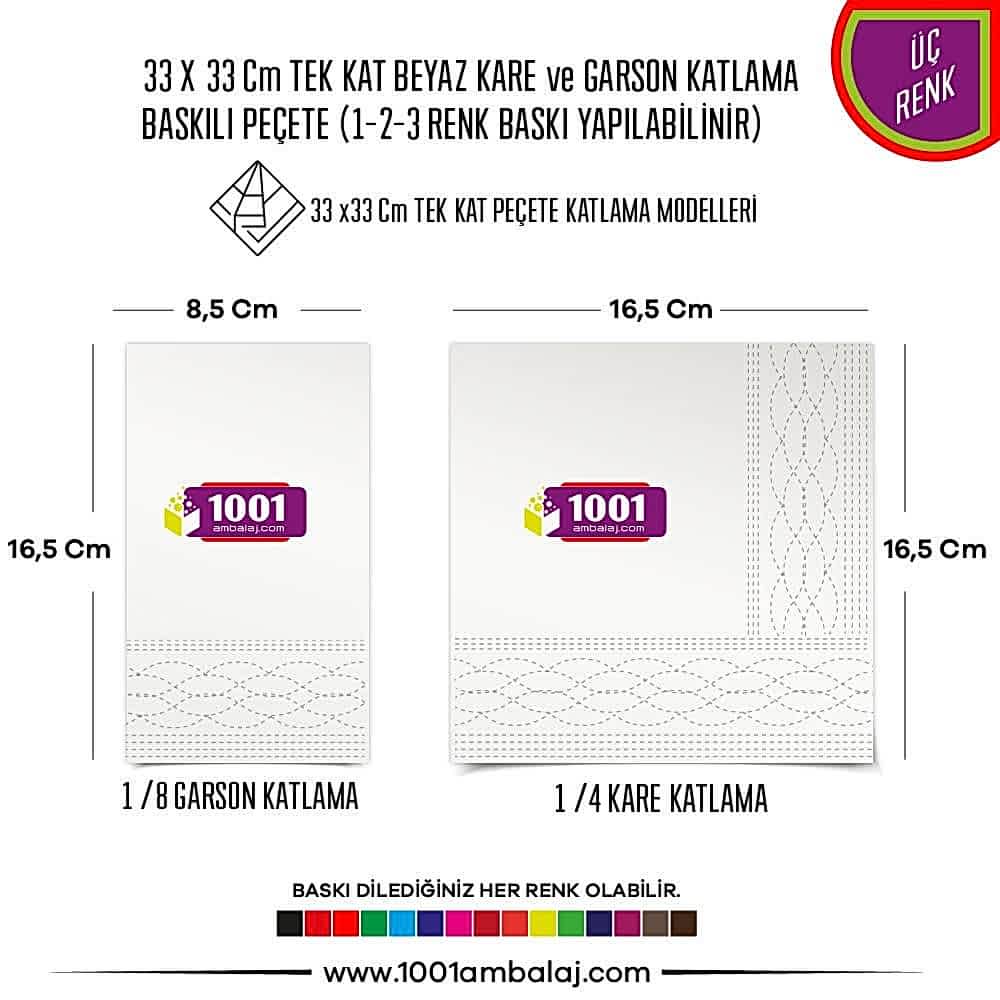 Baskılı Peçete 33X33 Cm 1-2-3 Renk Baskılı Tek Kat Beyaz Kare Ve Garson Katlama Peçete