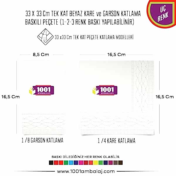 Baskılı Peçete 33X33 Cm 1-2-3 Renk Baskılı Tek Kat Beyaz Kare Ve Garson Katlama Peçete