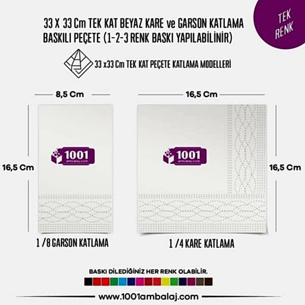 Baskılı Peçete 33X33 Cm 1-2-3 Renk Baskılı Tek Kat Beyaz Kare Ve Garson Katlama Peçete