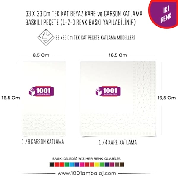 Baskılı Peçete 33X33 Cm 1-2-3 Renk Baskılı Tek Kat Beyaz Kare Ve Garson Katlama Peçete