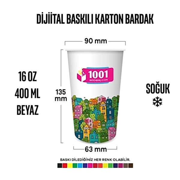 Dijital Baskılı 16 Oz Karton Bardak Tek Kat Duvarlı Beyaz Sicak Soguk