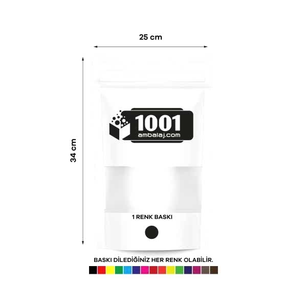 25X34 Cm 1 Baskılı Beyaz Renkli Pencereli Tek Taraf Tek Renk Doypack Torba 1500 Gr /14/
